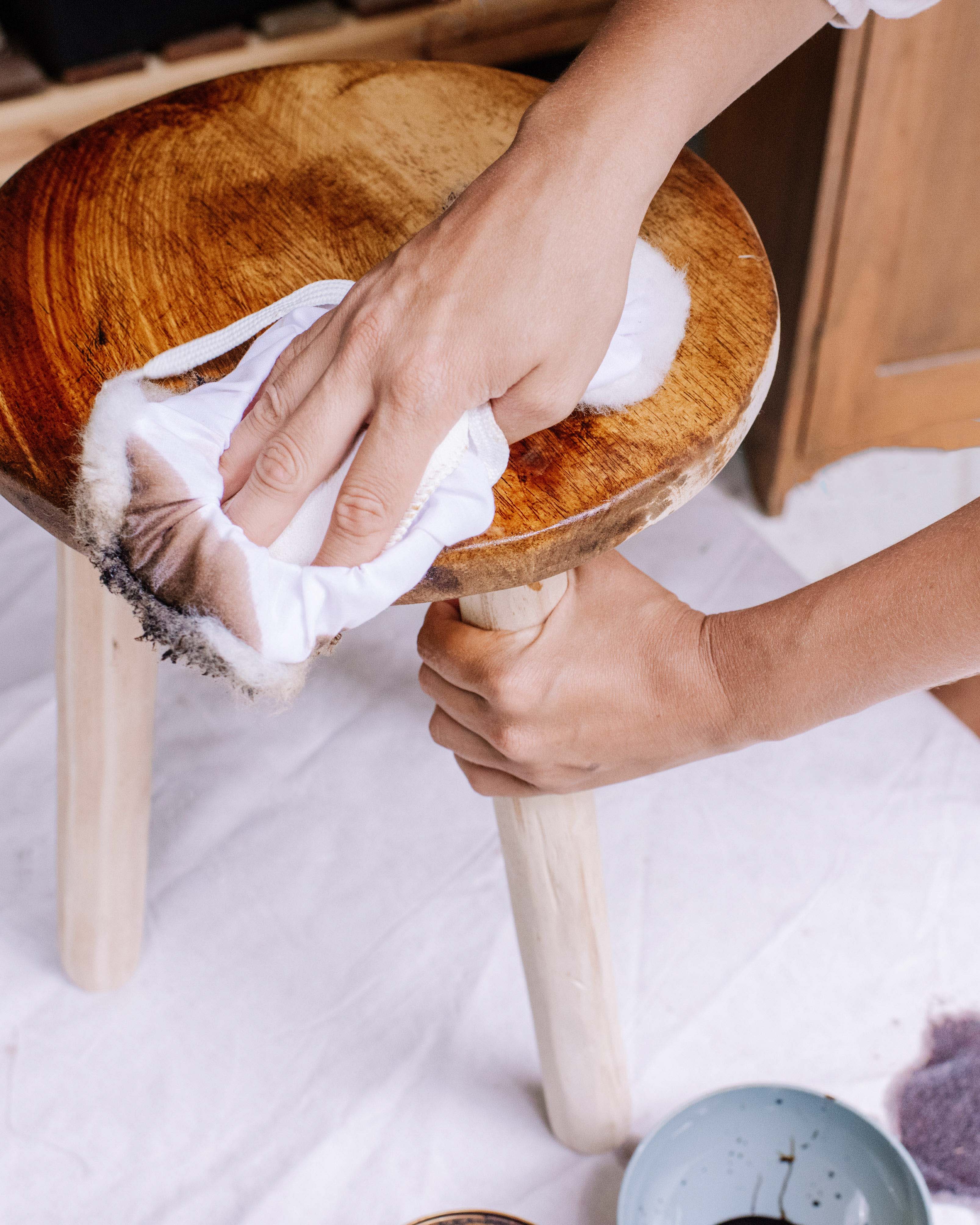 Applying Feast Watson Prooftint to Geneva Vanderzeil's wabi-sabi rustic stool.